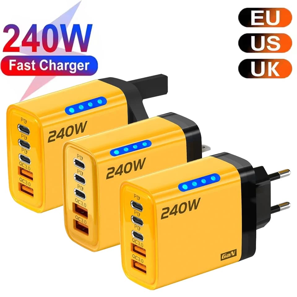 240W GaN Multi Port USB C Charger 5 in 1 3PD 2USB Fast Charge for iPhone 16 15 Pro Max Samsung S24 Xiaomi Huawei EU US UK Plug