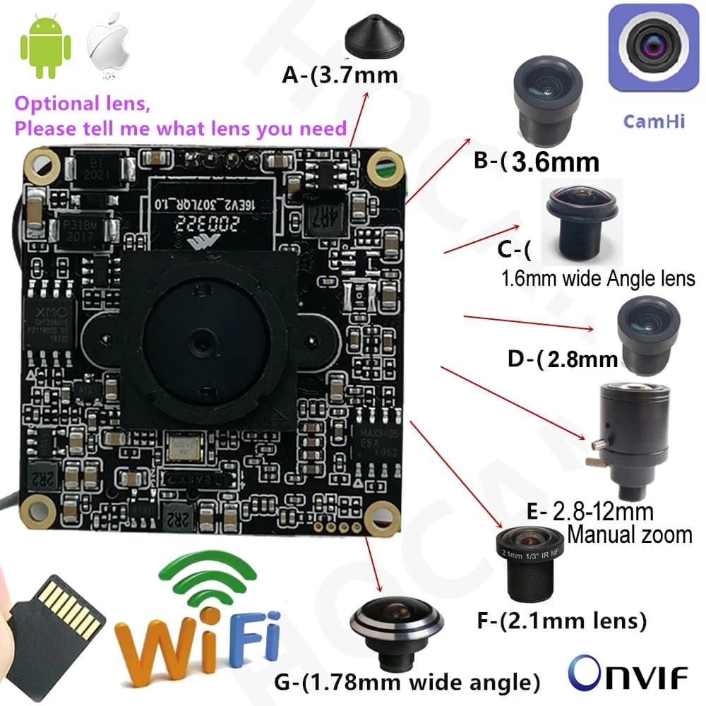 5MP 2MP 1080P HD Onvif P2P dimensioni 38*38mm modulo telecamera IP Wireless Audio Mini Wifi Slot per scheda SD sistema di telecamere di sicurezza domestica Camhi