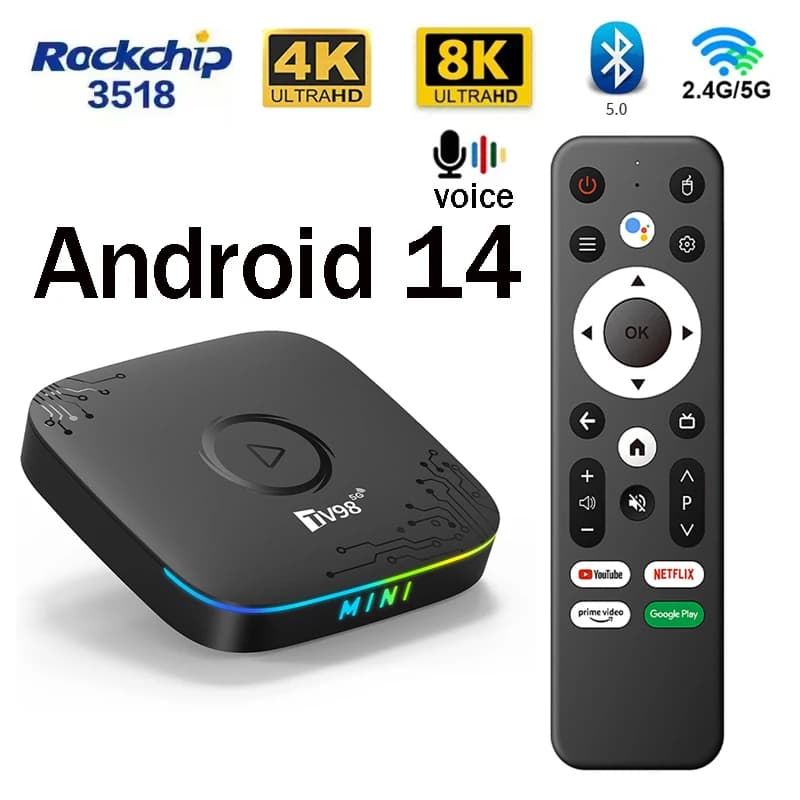 TV98 ATV mini Smart TV Box HD 8K 4K Android 14 BT5.0 Dual WiFi 5G RK3518 Quad Core with voice remote control, multimedia player for IPTV streaming