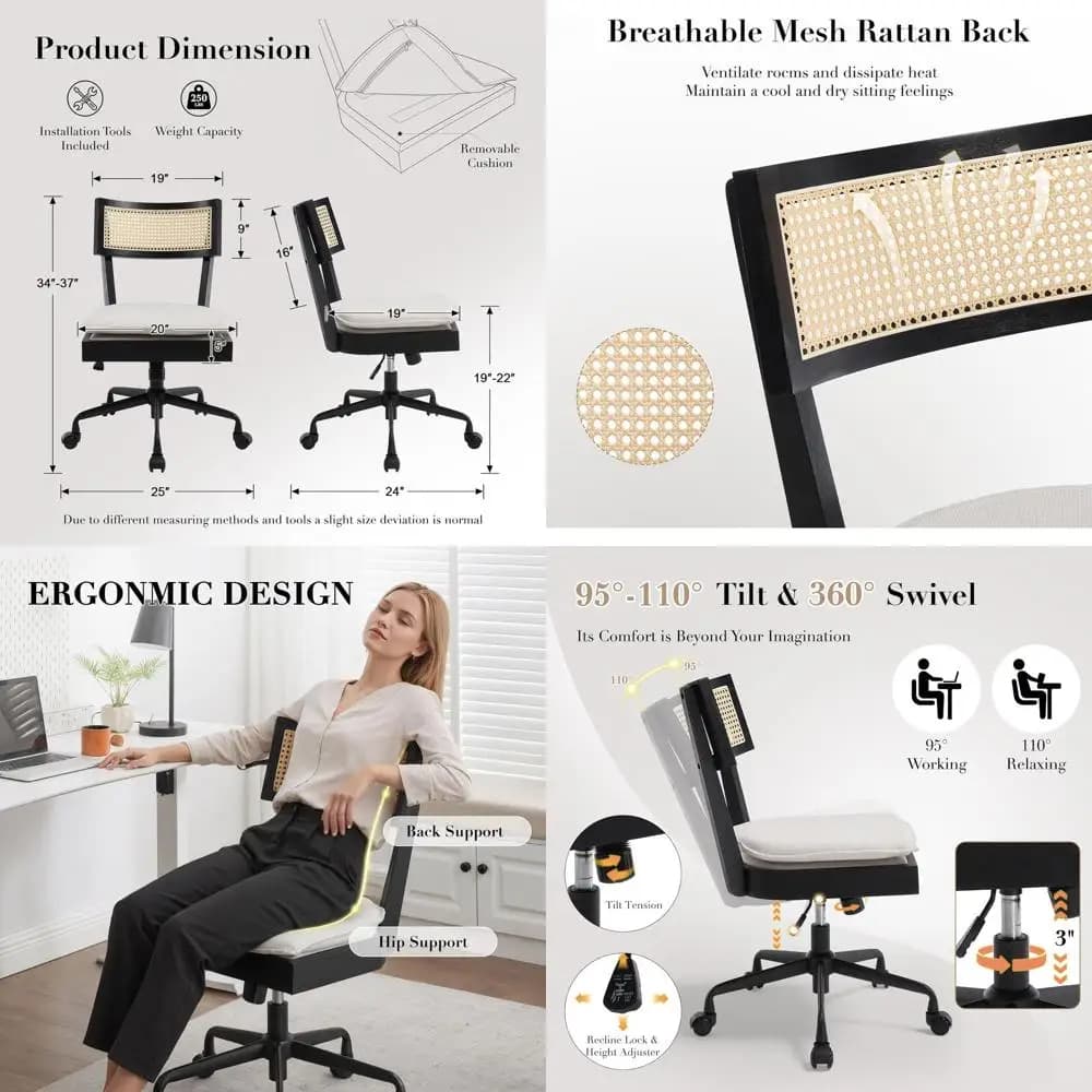 Sedia da ufficio girevole ergonomica con schienale in rattan, ruote, altezza regolabile e cuscino rimovibile per piccoli spazi, nera
