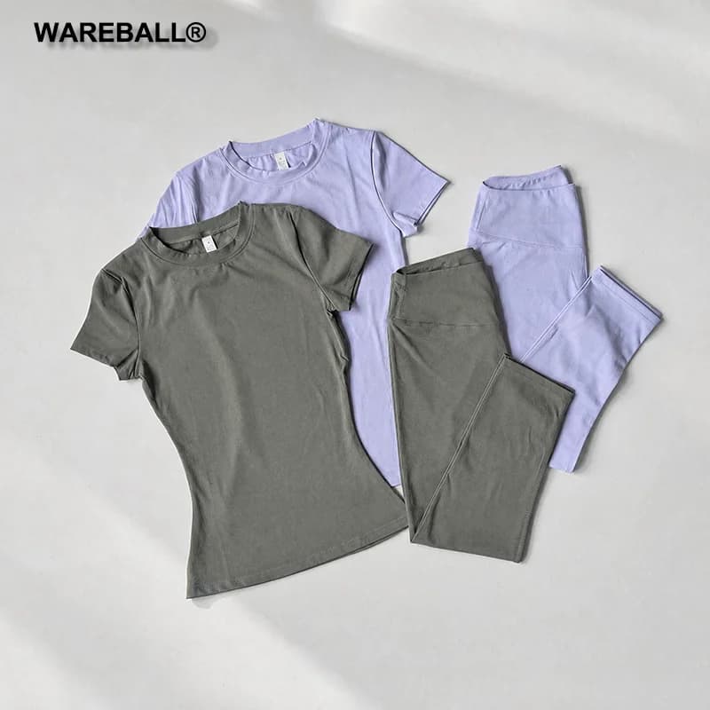 WAREBALL 2 Pieces Short Sleeve Sports Set Yoga Top Sports Leggings Capri Pants Gym Sportswear Workout Running Sets