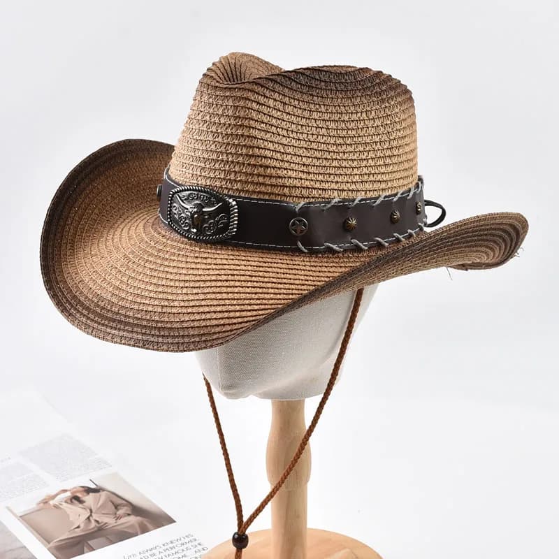Cappello da Cowboy Estivo in Paglia per Uomo e Donna, Cappello da Sole a Tesa Larga per Esterni, Cappello Jazz Traspirante per Vacanze e Spiaggia