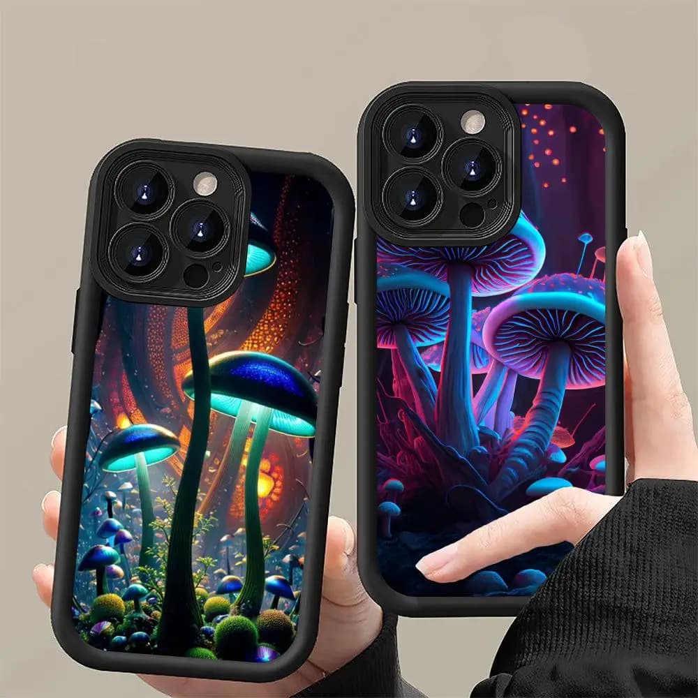 Custodia per iPhone 17 16 15 14 13 12 11 Air Pro Max Plus in TPU morbido nero antiurto con design Neon Mushroom