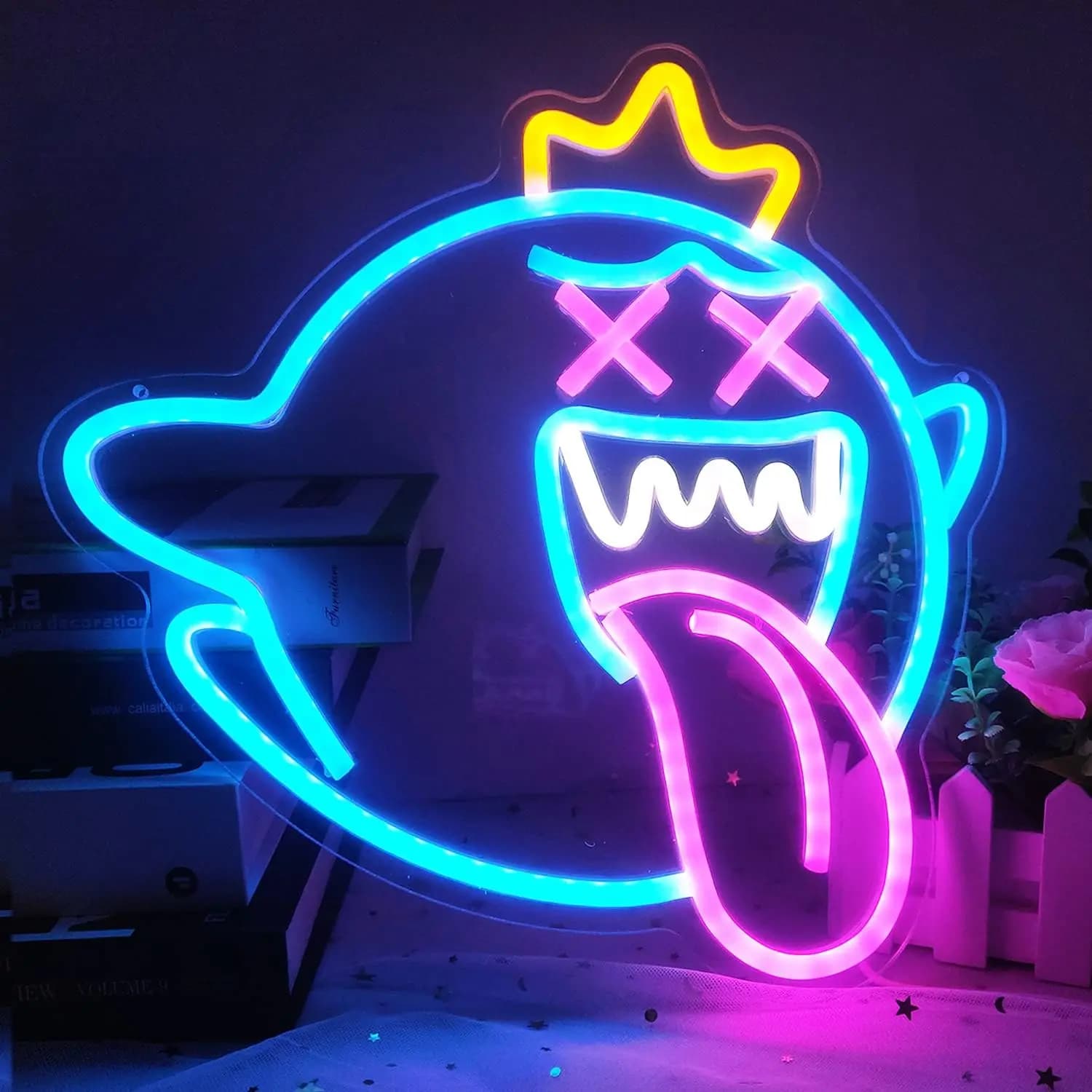 Insegna al Neon King Boo, Luce LED a Forma di Fantasma con Interruttore Dimmerabile, Insegna al Neon per Sala Giochi, Regalo di Compleanno per Bambini e Adulti
