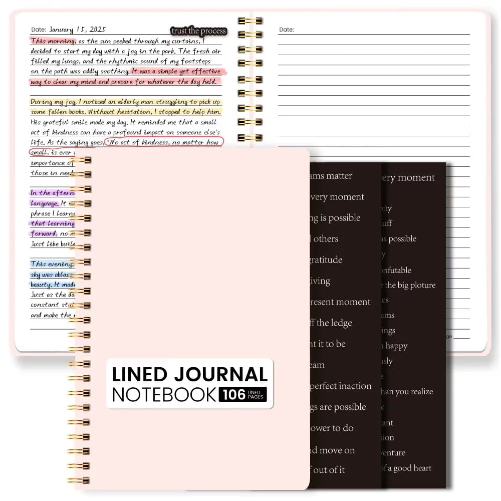 Quaderno A5 Rosa a Righe con Adesivi Motivazionali, Diario a Spirale, 106 Pagine, Planner Estetico per Donne, Lavoro e Studio