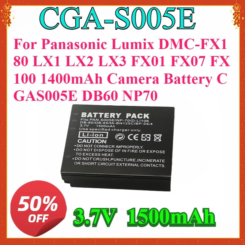 CGA-S005 Batteries For Panasonic Lumix DMC-FX180 LX1 LX2 LX3 FX01 FX07 FX100 1400mAh Camera Battery CGAS005E DB60 NP70