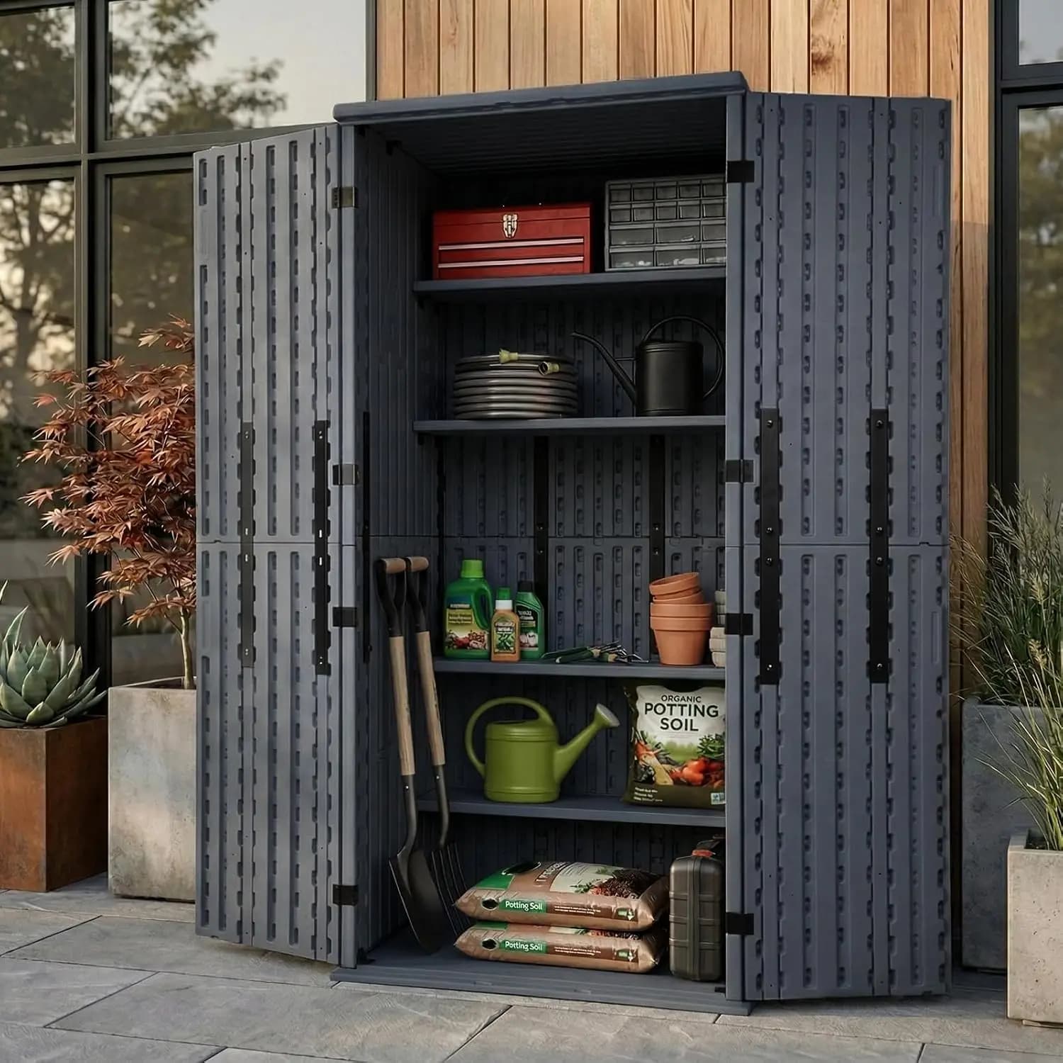 Heavy Duty Tall Storage Cabinet Outdoor Weatherproof, Garage Tool Locker With Four Adjustable Shelves, Lockable Kitchen Pantry Closet Organizer Unit For Patio Balcony, Sage Grey