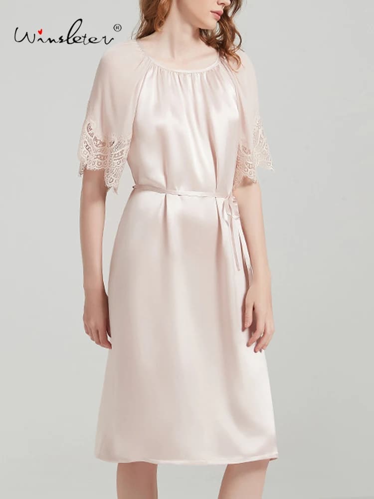 Winsleter-19MM Camicia da Notte Elegante 100% Seta Vera, Manica Corta con Pizzo, Pigiama Comodo da Donna Stile Francese, Primavera 2026 P61912CC