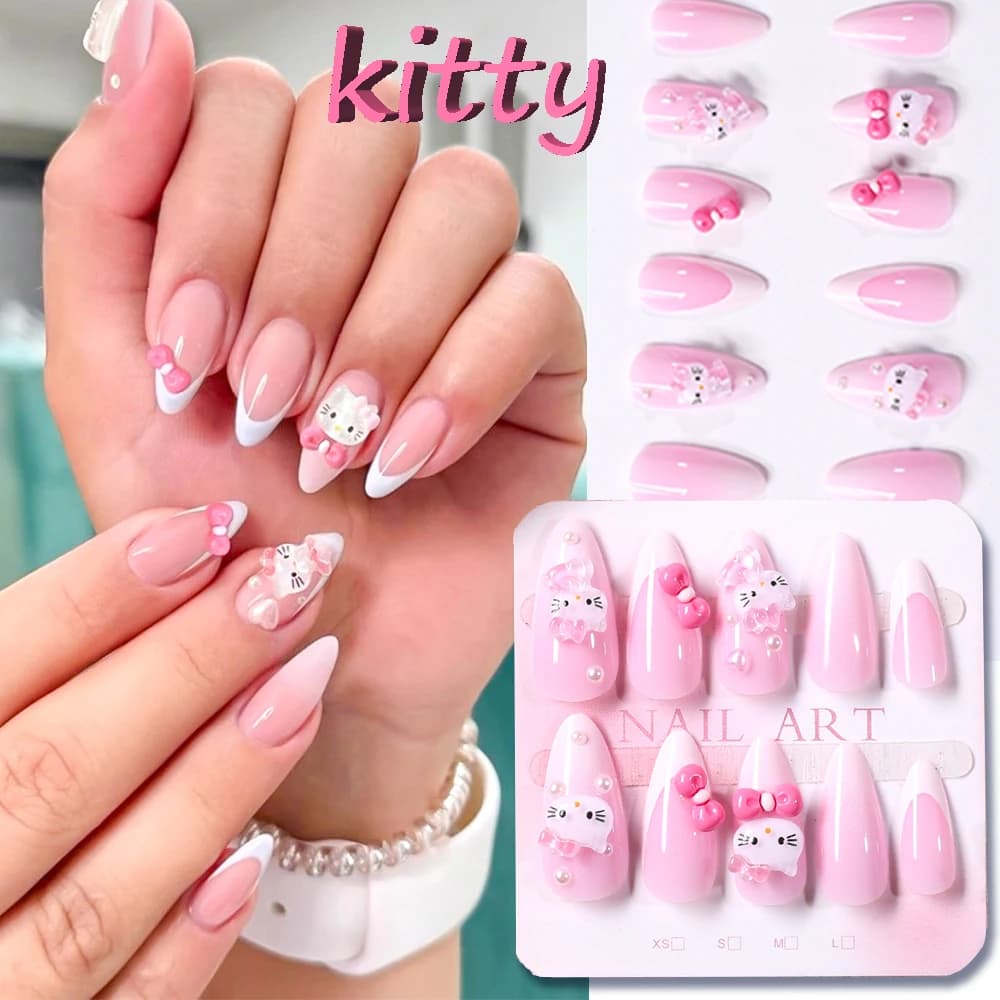 24 Fine Nails Lengths in Mandorla Hello Kitty, Pink with Flake, Fin Nails Total Cover, Fin Nails Kawaii with Pearl