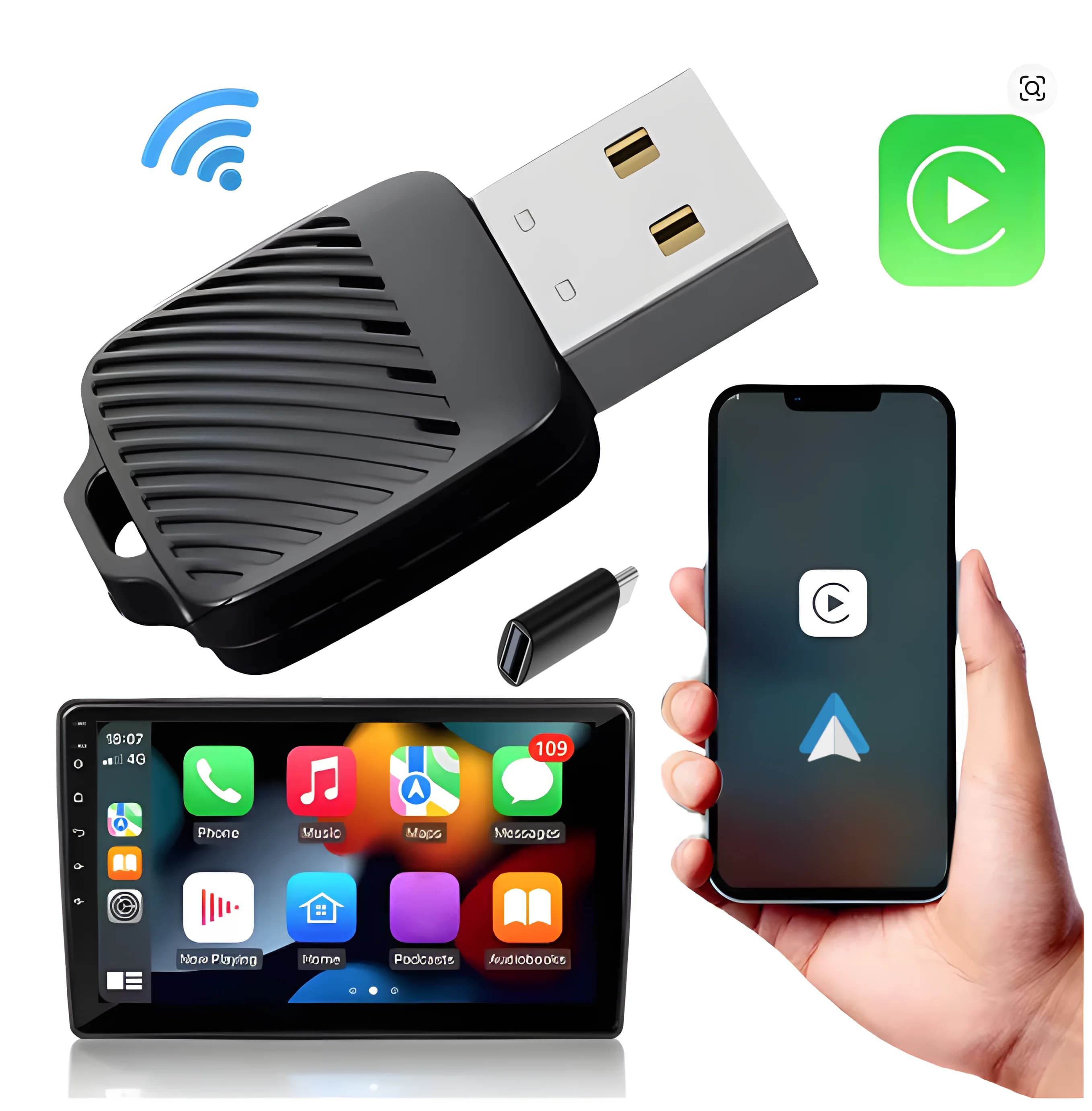 Dongle wireless adapter 2 in 1 Mini - CarPlay adapter wireless and Android Auto Plug & Play and USB-A/C support (2016+ car)