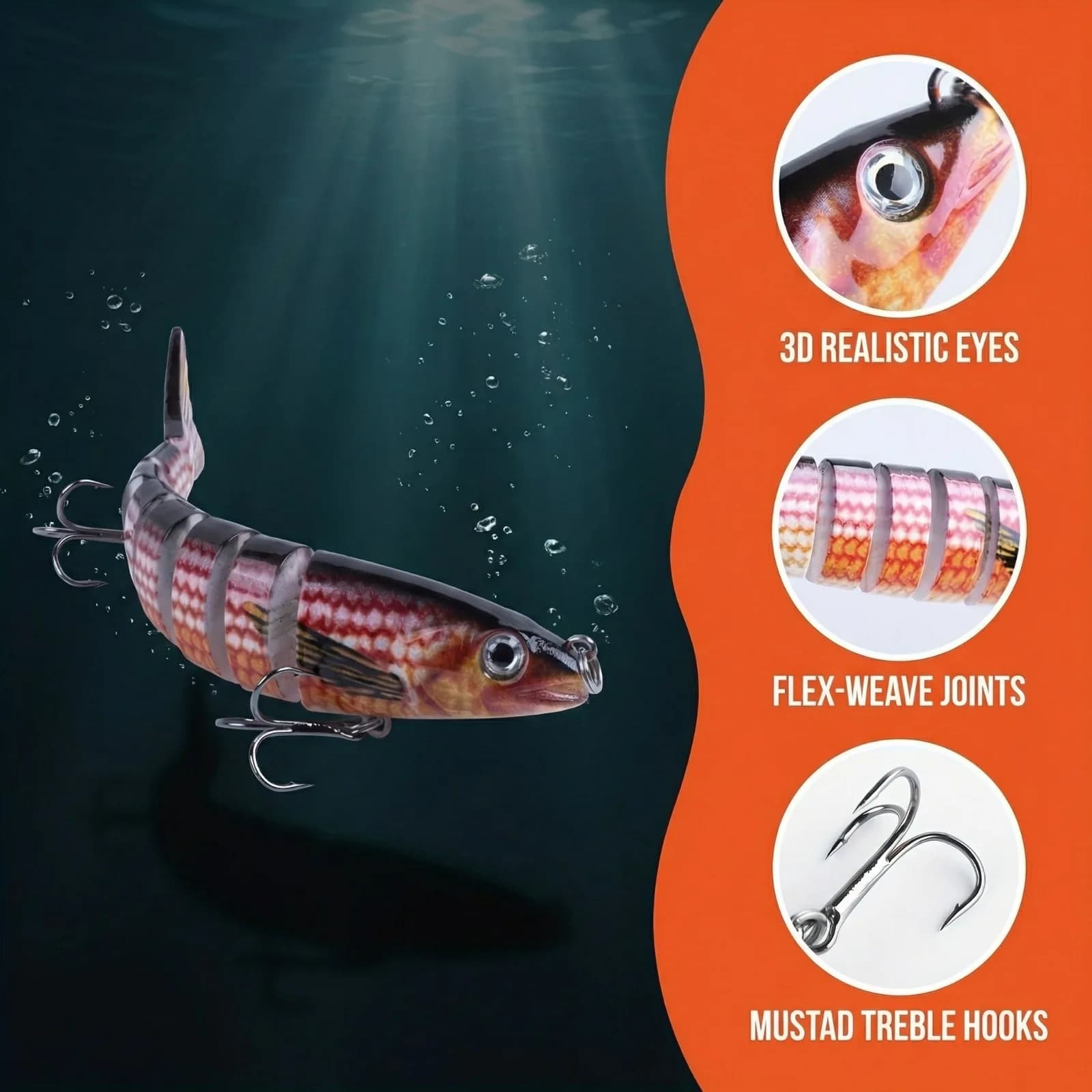 Goture Multi-Articolate Fishing baits at 8 Segments 12cm 19g, Realistic Swimbait with 3D Eyes and Sharp Aches for Freshwater and Salad
