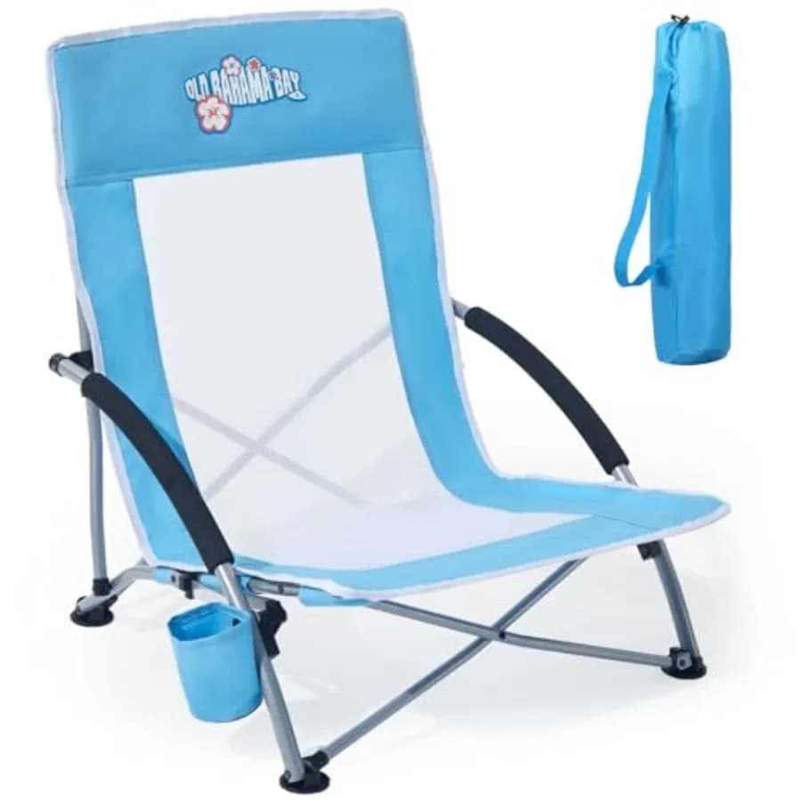 Ergonomic Low Beach Chair for Back Support Heavy Duty 350lbs Folding Sand Chair with Breathable Mesh, Cup Holder and Carry Bag
