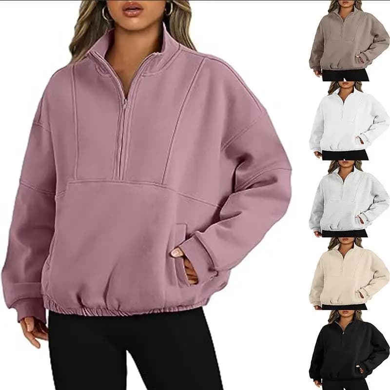 Felpa da Donna con Zip e Tasche, Abbigliamento Sportivo, Collo Alto, Maniche Regolari, Stile Casual per il Pendolarismo