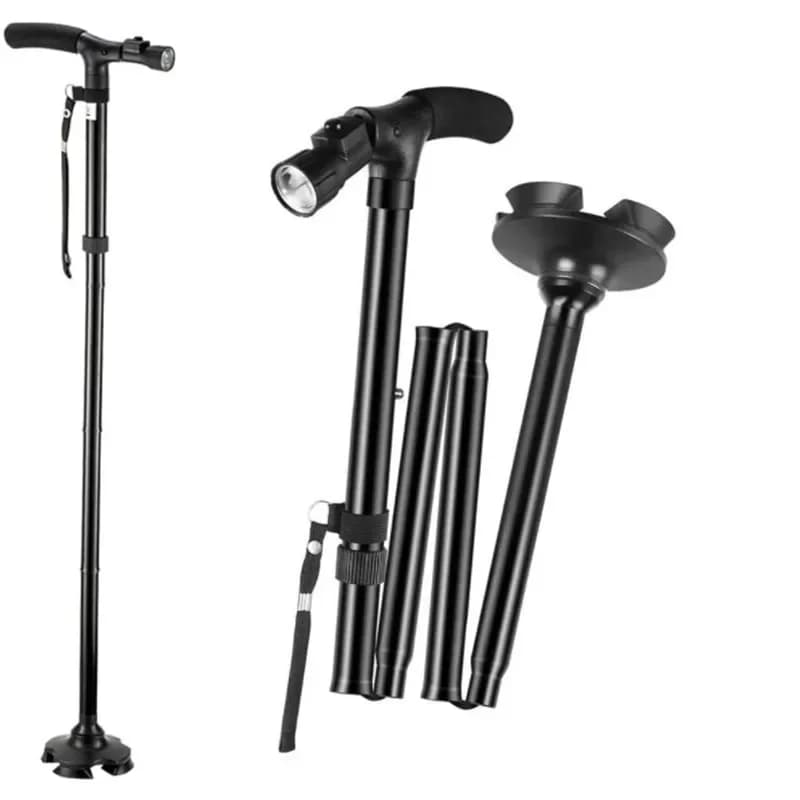 Foldable Trekking Sticks in Aluminum Alloy with Lights, Double Handle, Stroller Stick with Flashlight, Telescopic Stick
