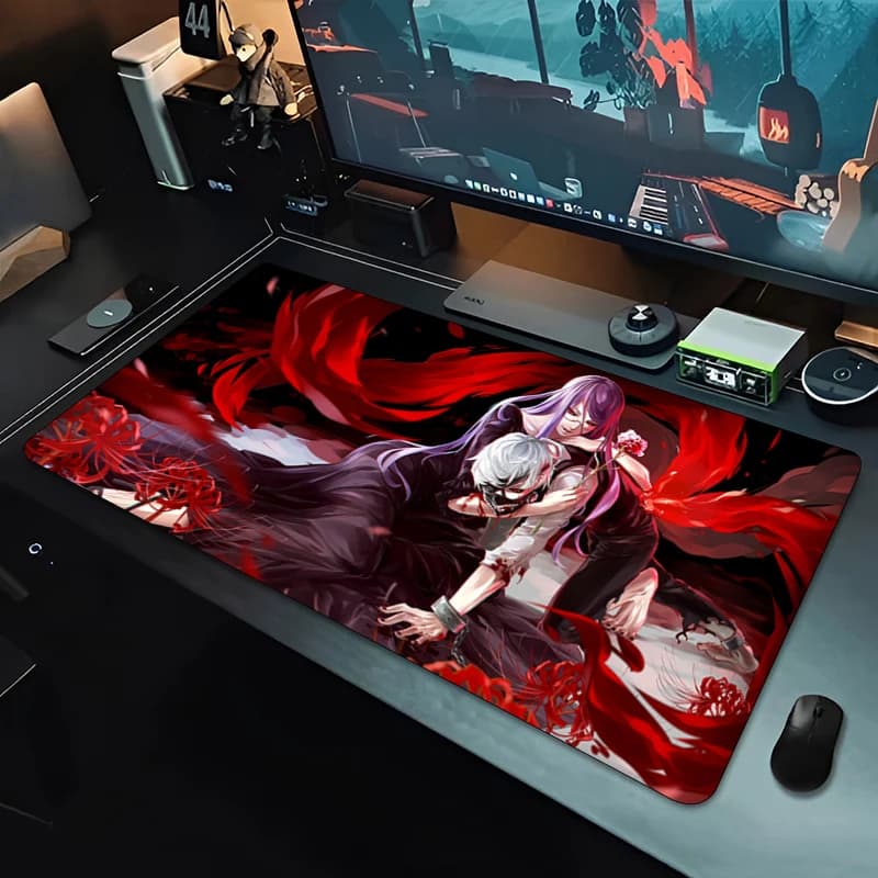 Gaming Mouse Pad,Anti-slip Rubber Base, Stitched Edges, Tokyo Ghoul Kaneki & Rize Red Spider Lily Art for Office & Gaming Setup