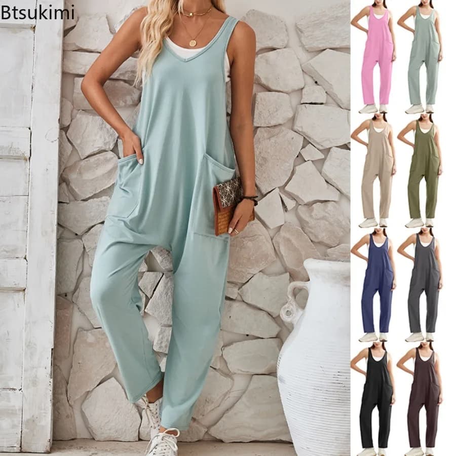 Nuova Tuta Estiva da Donna Elasticizzata con Bretelle, Elegante in Maglia Tinta Unita, con Tasche Grandi, Casual, a Gamba Dritta