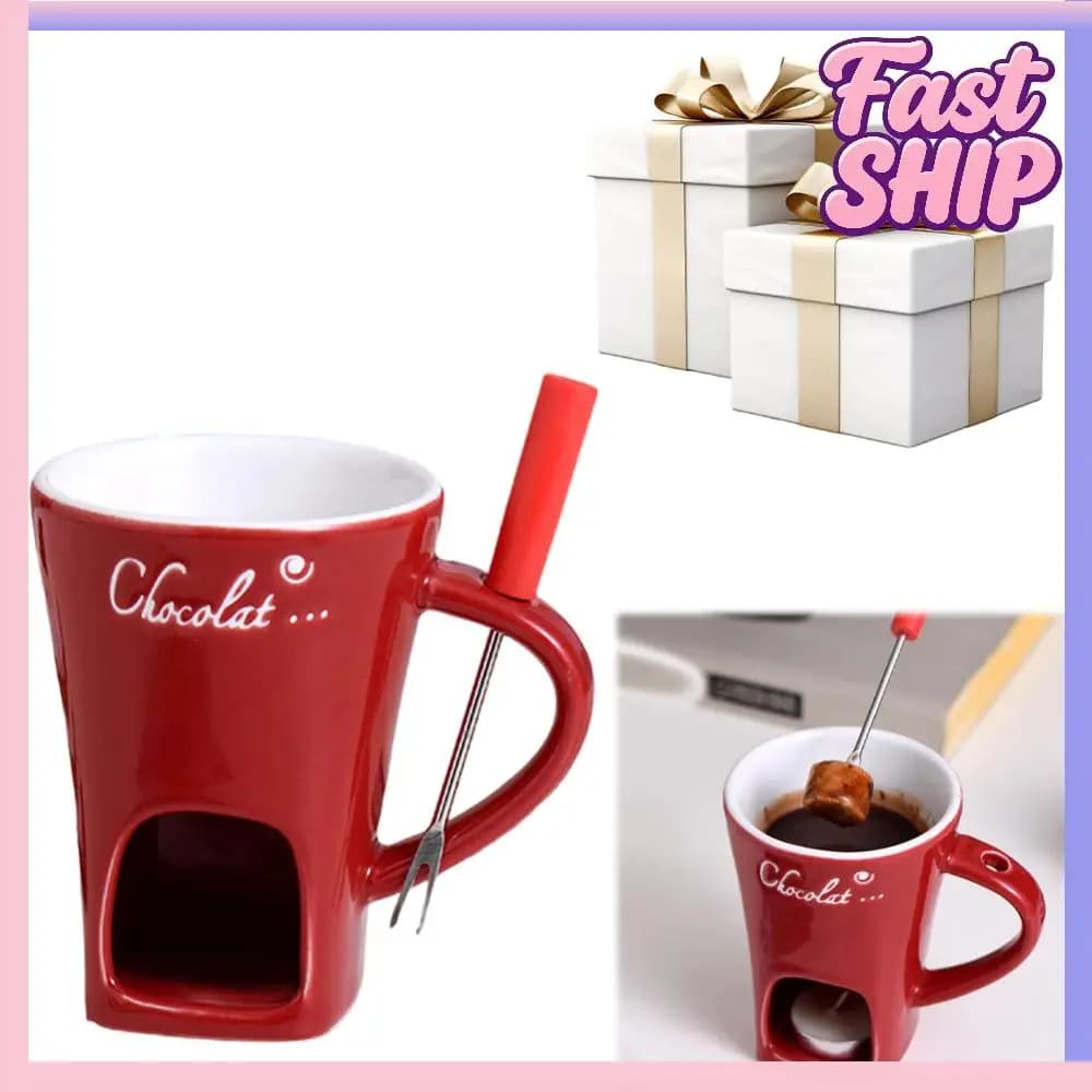 Tazza per candela, formaggio, cioccolato, fonduta in ceramica, tazza con forchetta (rosso)