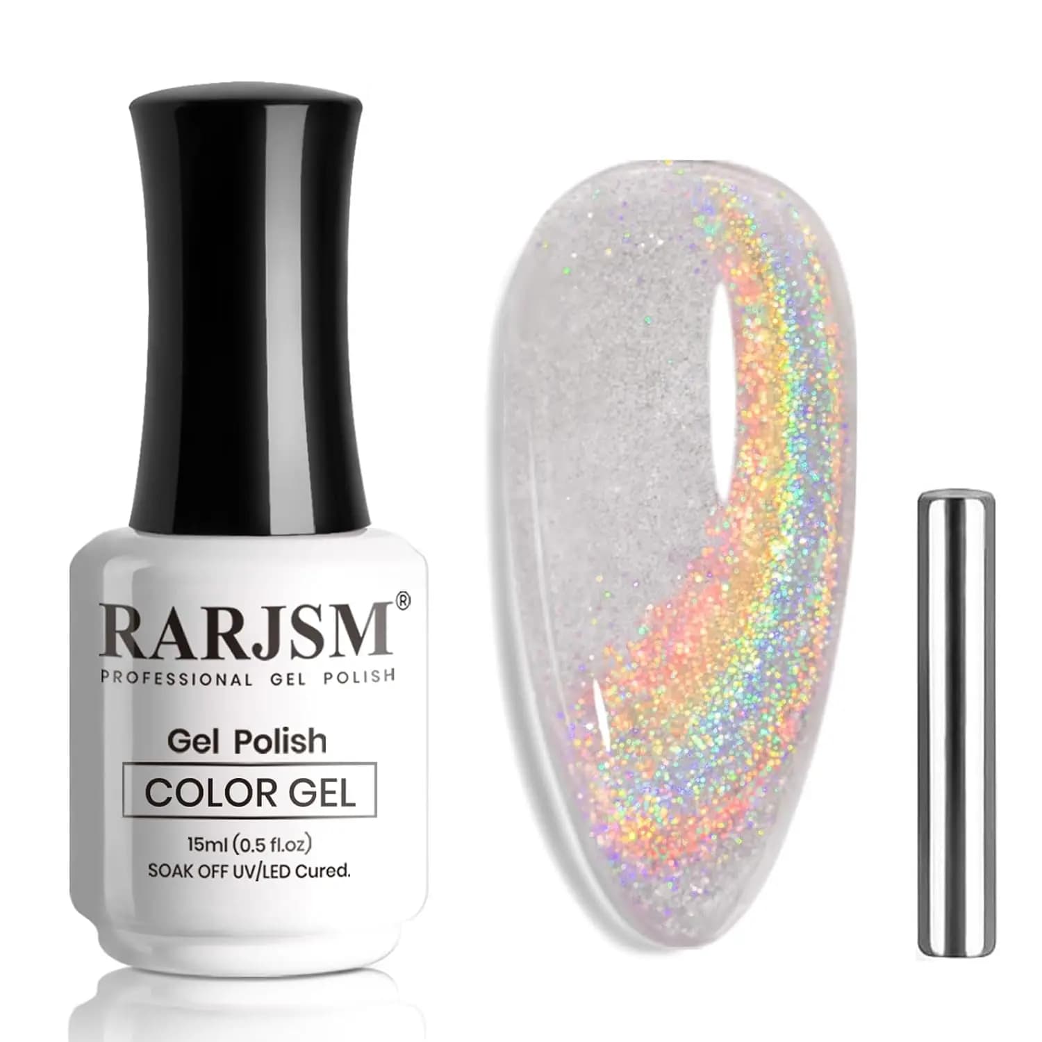 Smalto Gel Olografico Effetto Occhio di Gatto con Bastoncino Magnetico, Glitter Iridescente, 15ml, Soak Off UV LED, per Nail Art Fai da Te