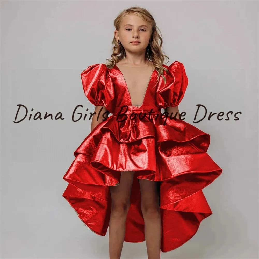 Elegante abito da ragazza di fiore rosso a strati a maniche lunghe in raso soffice per abiti da sera per feste di compleanno per bambini di bellezza principessa