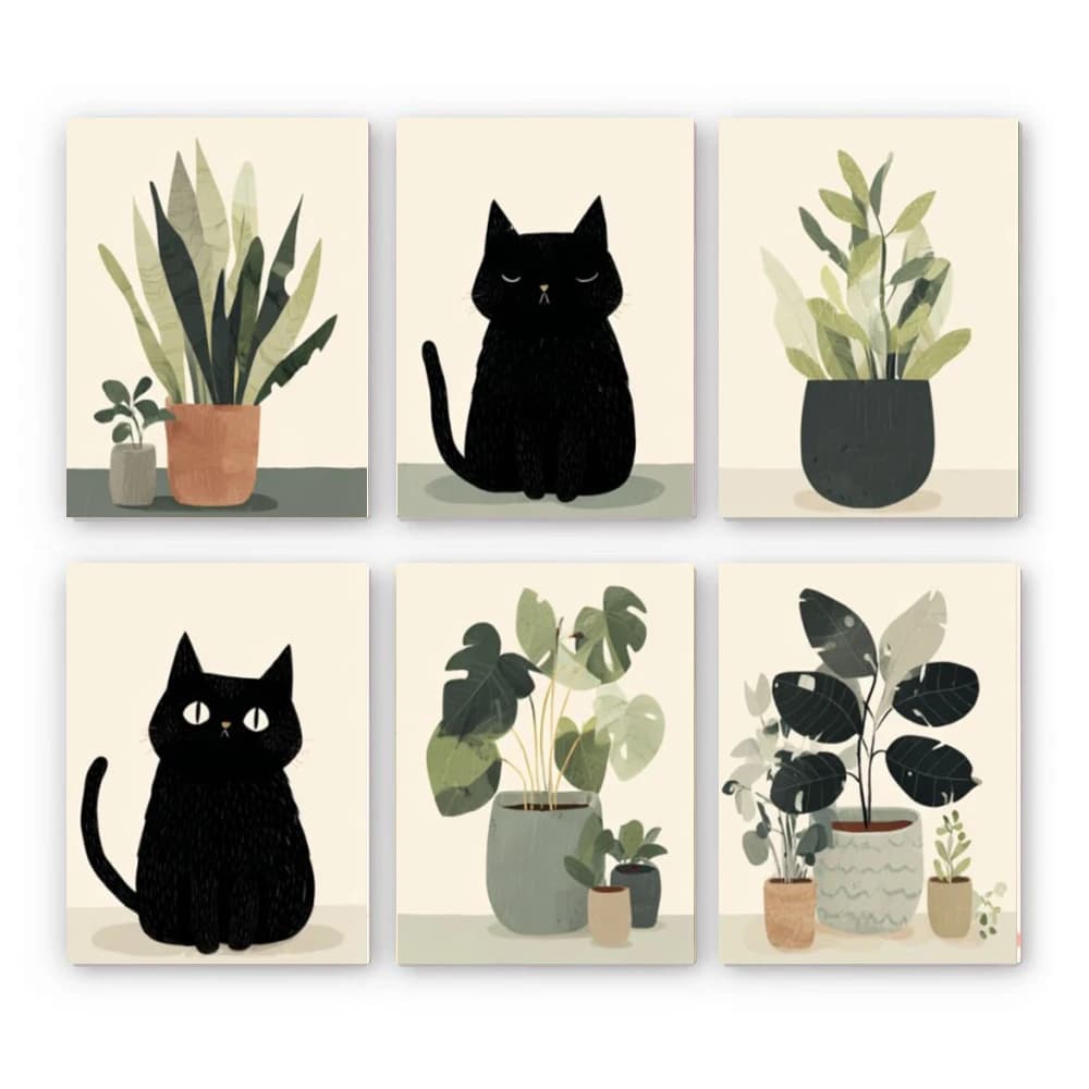 6PCS Hand Drawn Digital Oil Painting Paint By Number Black Cat Life Canvas Requires Manual Completion And Patience
