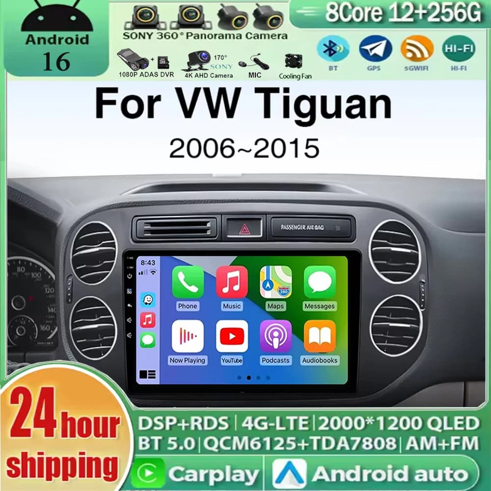 Autoradio Android 16 per Volkswagen VW Tiguan 2006 2010 2016 Golf, Lettore Multimediale con Android Auto, Carplay, Navigazione 4G