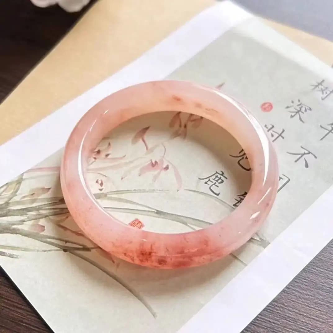 Bracciale da donna con barra tonda in cristallo rosa, imitazione giada, fiore di pesco naturale permeabile al ghiaccio