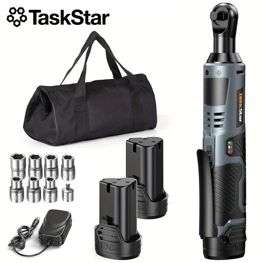 TaskStar Cordless Ratchet Wrench Kit 3/8-inch Ratchet 40N.m(max) Electric Power Angle Wrench with Variable Speed Trigger 0-200 RPM, Handheld Car Disassembly Tool with 2 Packs 2000mAh Lithium-Ion Battery&1 Charger&7 Sockets