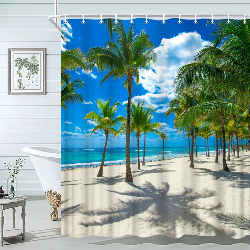 Tenda da doccia da spiaggia con stelle marine, conchiglie, tavole di legno rustiche, palme, paesaggio naturale, tende da doccia stampate, arredamento per il bagno