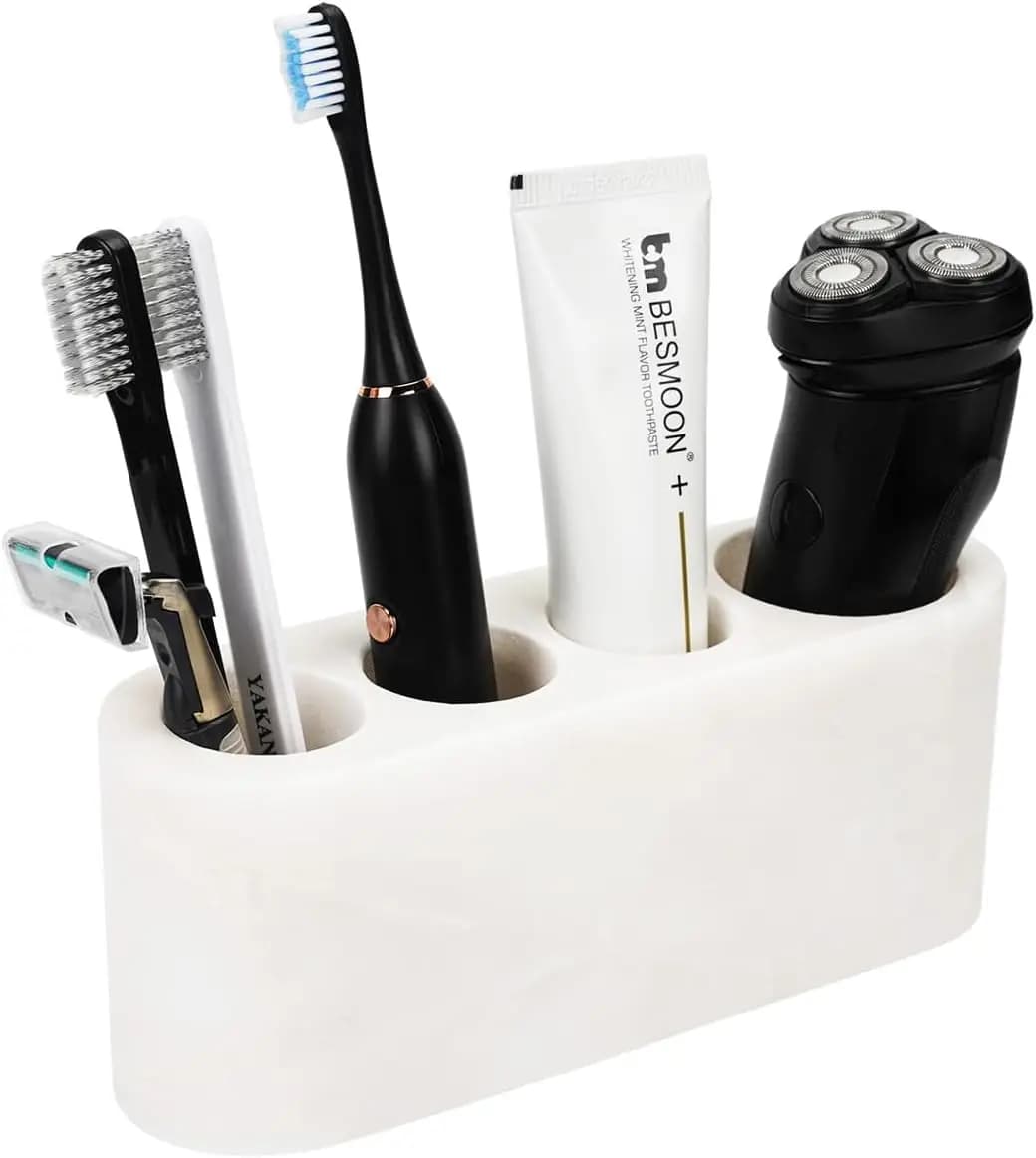 Portaspazzolini da Bagno, Supporto in Marmo a 4 Scomparti per Spazzolini e Dentifricio, Organizzatore da Appoggio per Bagno
