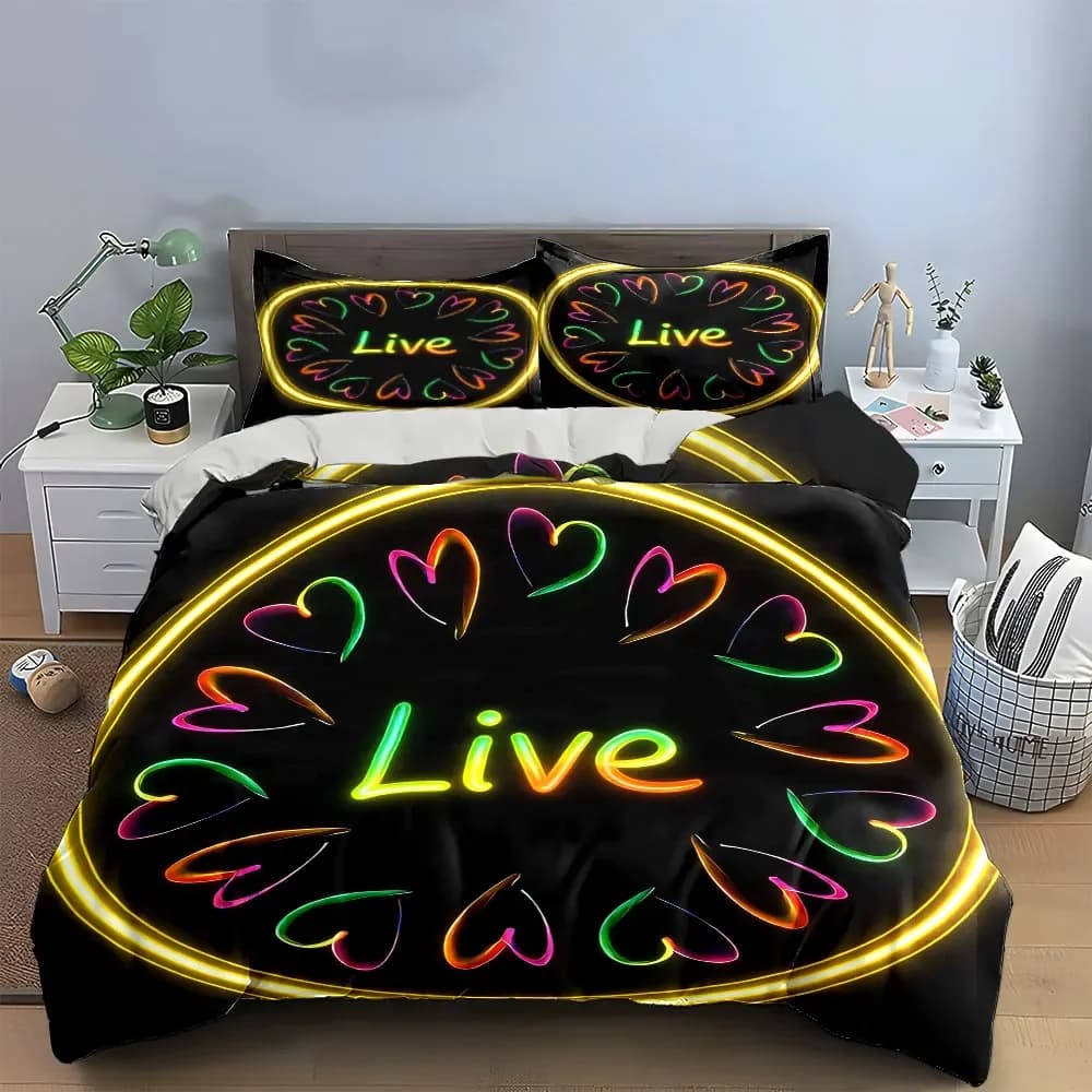 Set di biancheria da letto con copripiumino morbido e confortevole "Neon Heart Live Decor Set", include 1 copripiumino e 2 federe, idea regalo