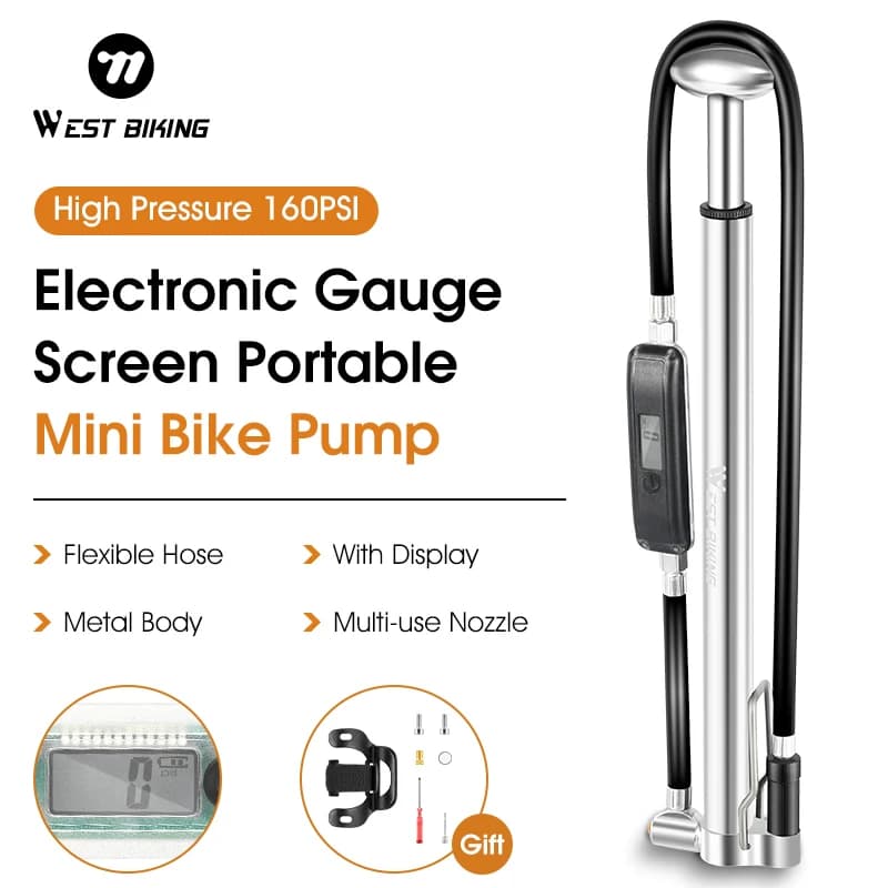 WEST BIKING Electronic Gauge Bicycle Pump 160PSI Portable Inflator For Schrader/Presta Valve Aluminum Alloy MTB Road Bike Pump