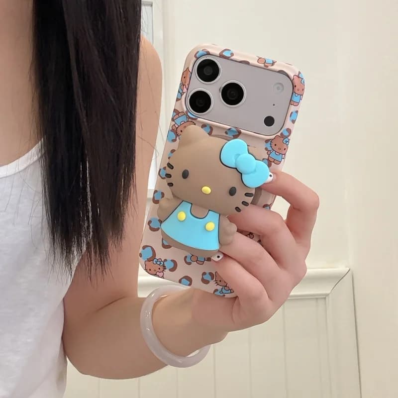 New Leopard Summer Mint Blue Hello Kitty Magnetic Holder Phone Case for IPhone 17 16 15 Pro Max Case Shockproof