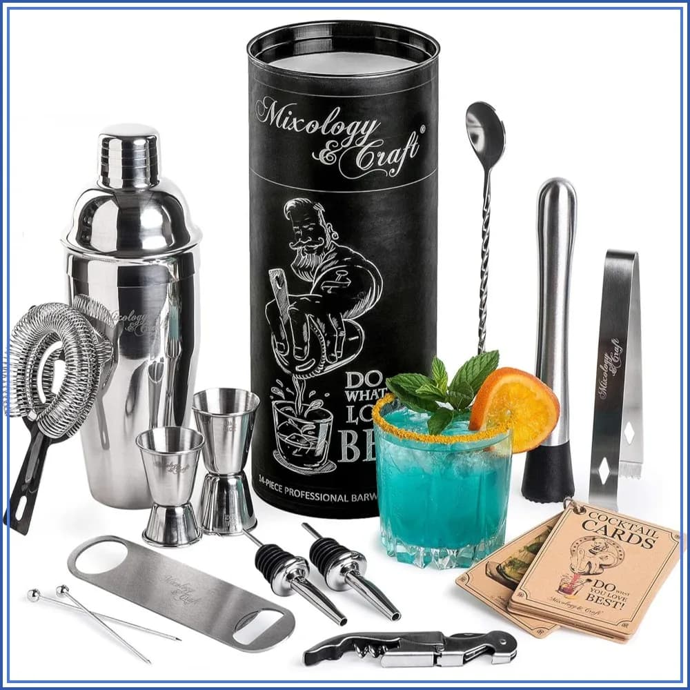 24oz Stainless Steel Cocktail Shaker Kit - 16-Piece Bar Set with Strainer, Muddler, Spoon, Jiggers, Pourers, Tongs, Bottle Opener, Gift Tube