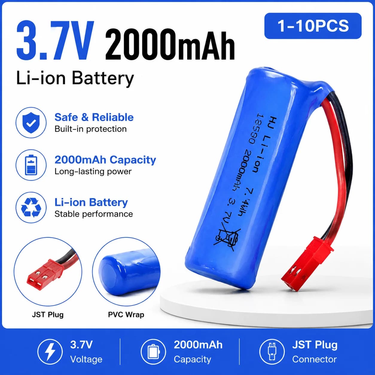 1-10PCS 3.7V 2000mah Li-ion Battery For RC Toys Car Boats Plane Parts 18500 SM-2P JST For RC Stunt Dump Car Toys Accessories
