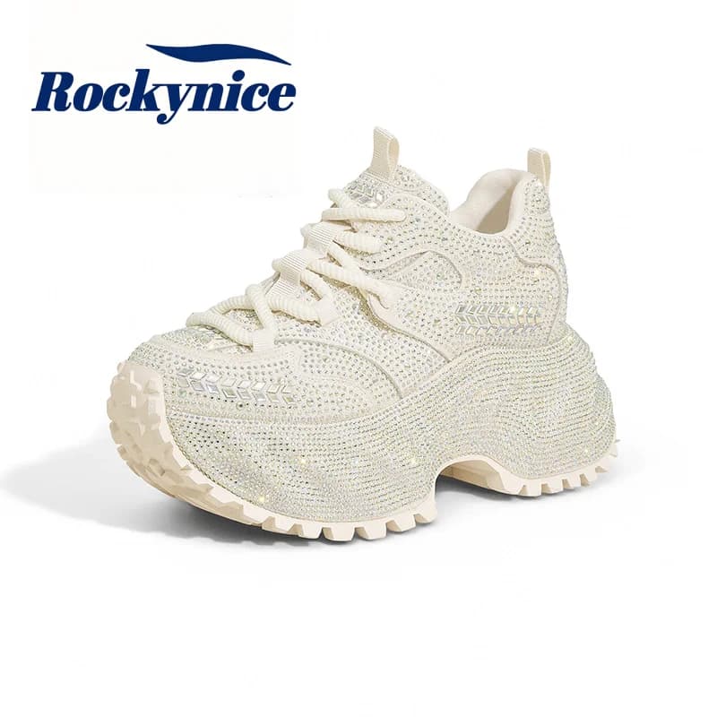 Women Full Rhinestone Casual Sports Shoes Thick Bottom Bling Diamond Dad Shoes Autumn New All-Match Trendy Chunky Sneakers 8.5CM