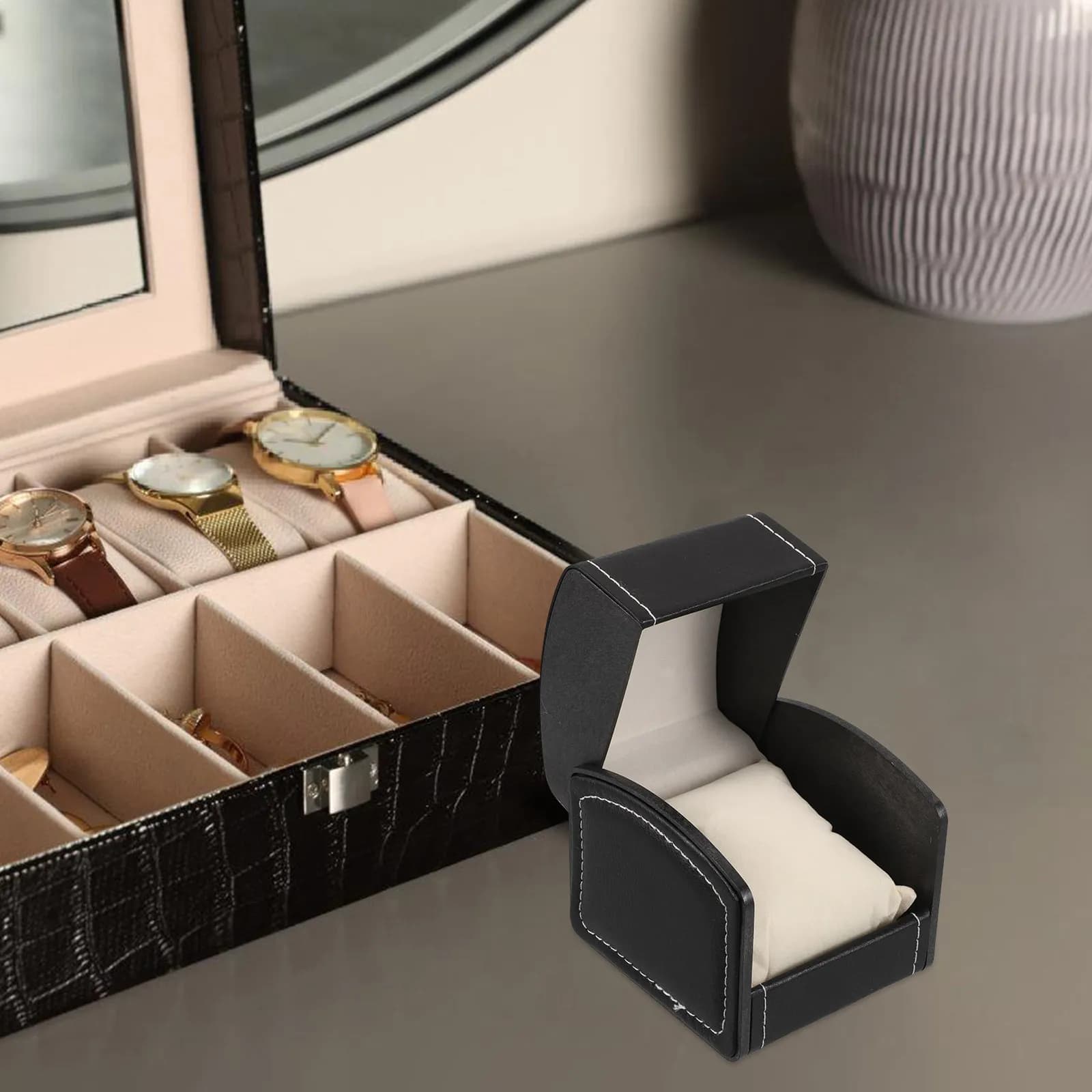 2 Pezzi Scatola Porta Orologi Nera in PU, Organizer Portatile Elegante da Viaggio per Uomo Donna, Espositore Porta Gioielli, Lussuoso Contenitore per Orologi da Polso