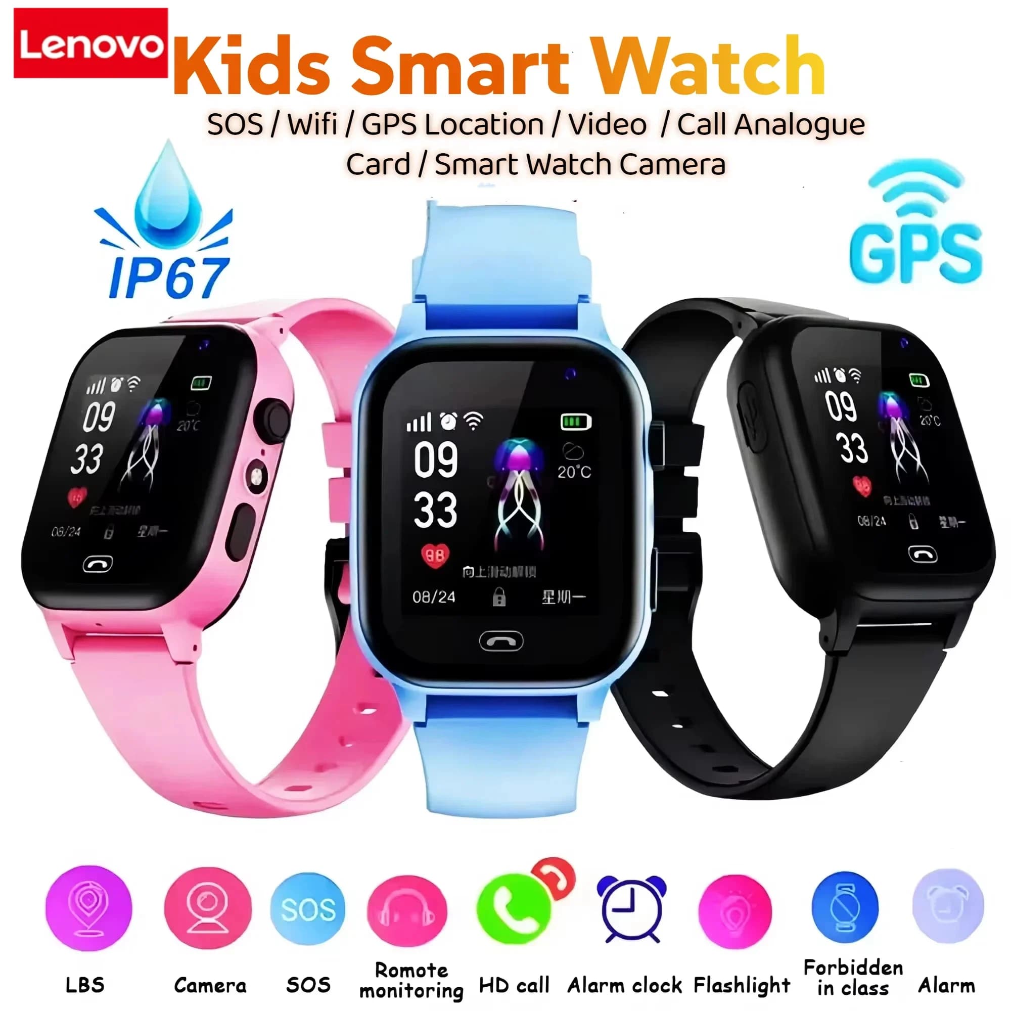 Lenovo Kids Smartwatch 4G Wifi GPS SOS Posizione Videochiamata Scheda analogica Orologio impermeabile Fotocamera Ragazzi Ragazze