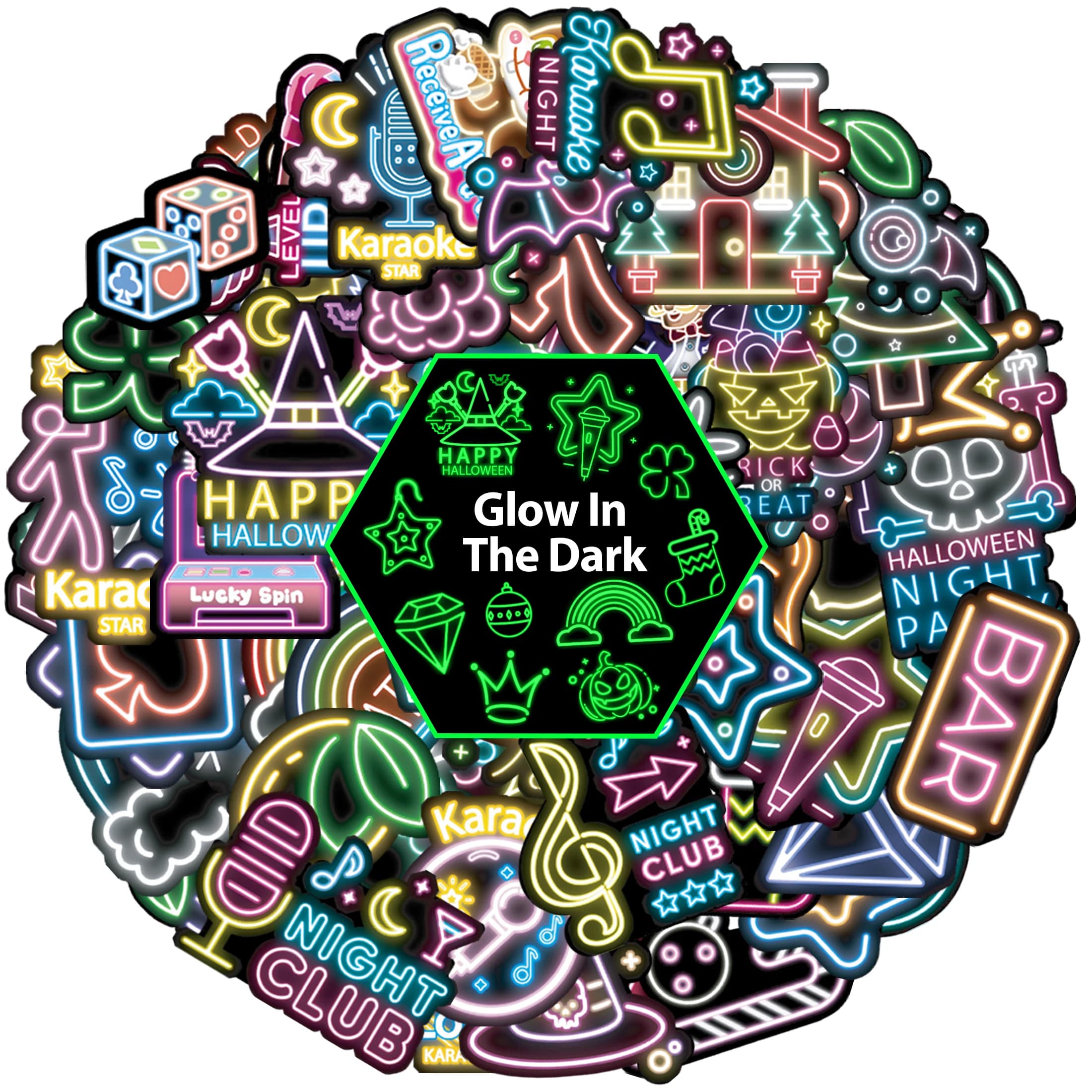 Adesivi per bottiglie d'acqua al Neon per bambini Glow in The Dark, confezione di adesivi impermeabili in vinile da 59 pezzi per custodia per telefono da Skateboard per Laptop