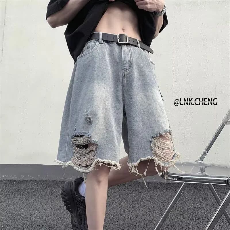 Shorts in denim da uomo, stile distressed, sottili, alla moda, casual, chic, Y2K, streetwear, per tutti i giorni, tempo libero, High Street
