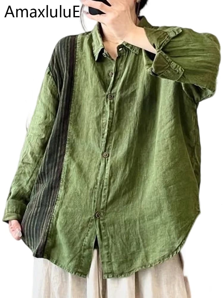 Amax LuluE Brand 2025 Autumn Vintage Women's Casual Big Size Patchwork Shirts Classic Women's Shirts Trained Fashion Luxury Dresses
