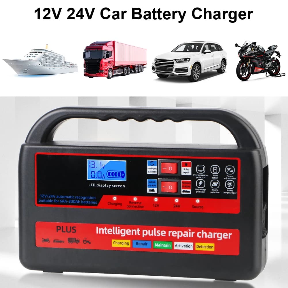 Caricabatterie per auto moto 12V / 24V con ricarica rapida a impulsi intelligenti portatili Display LCD digitale Riparazione automatica degli impulsi