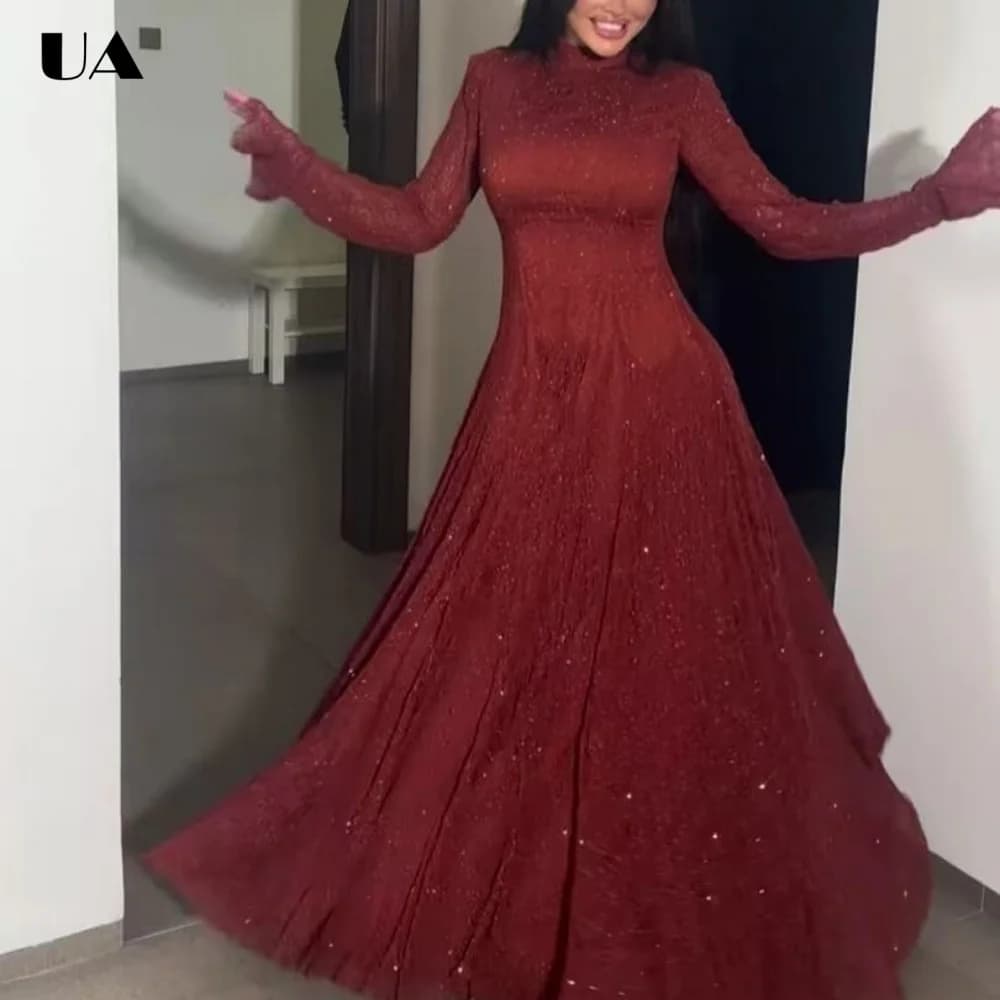 Elegante Abito Lungo in Pizzo con Maniche Lunghe, Vestito da Cerimonia alla Moda per Donne, Abito Lungo Trendy con Collo Semi-Alto
