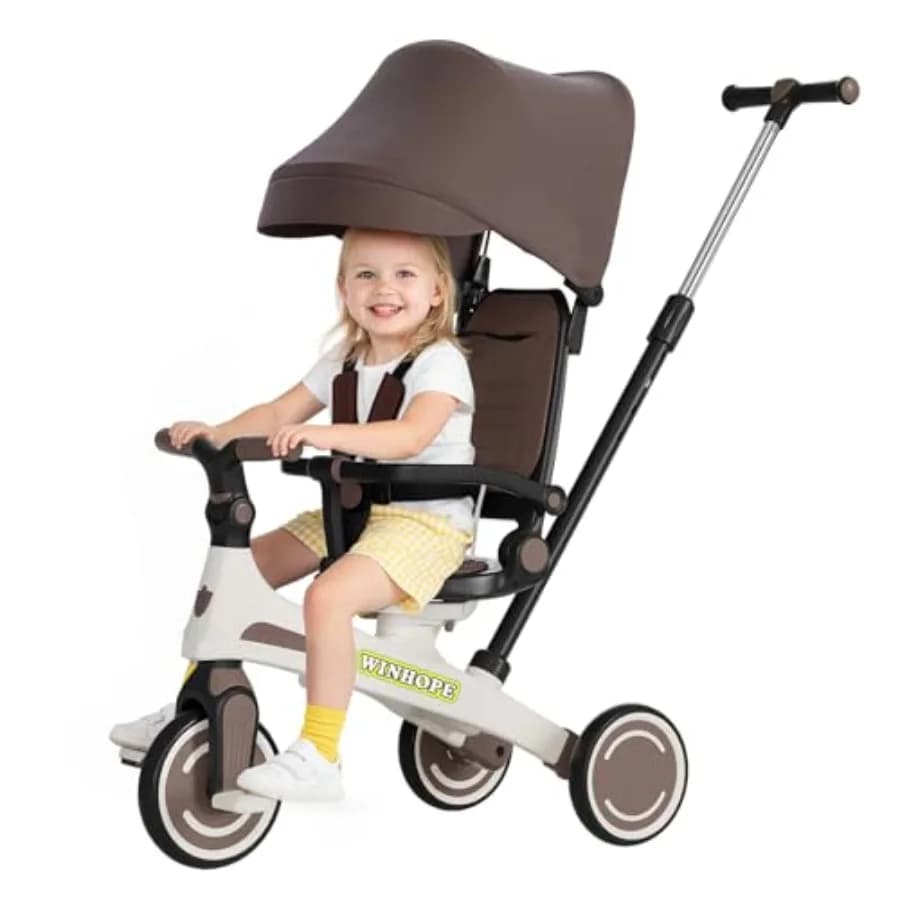 Triciclo 6 in 1 per Bambini, Triciclo per Bambini con Maniglia Regolabile, Sedile Reversibile e Tettuccio, Passeggino per Neonati
