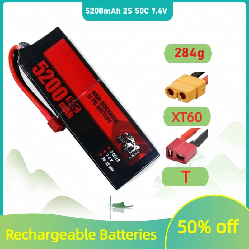 Batteria LiPo 5200mAh 2S 50C 7.4V per Quadricottero RC, Elicottero, Drone da Corsa FPV, Ricambio Ricaricabile
