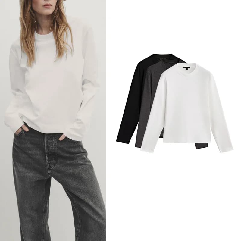 Spring New Women's Simple Style Basic Match Long Sleeve round Neck Base T-shirt Cute Style round Neck Long Sleeve Color...