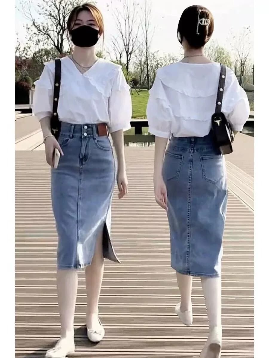 Complete Summer Plus Sizes Women's 2026 New Style, Set Two Fashion Pieces with Slim Shirt with Doll Link Hiding Shapes and Denim skirt