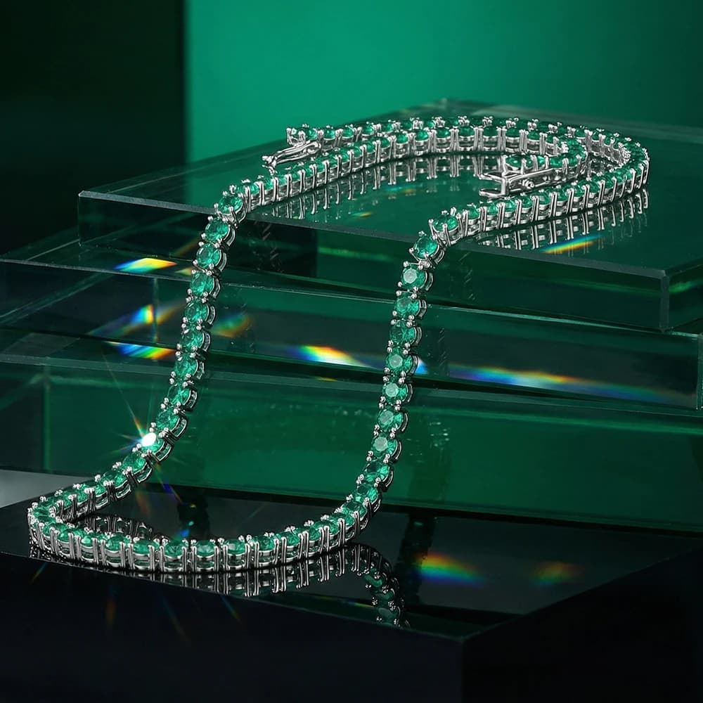 YLMyself Brass 4mm Green CZ Tennis Necklace Bracelet Pave Cubic Zirconia Hip Hop Rock Unisex Chain Jewelry 7-8/18-20 Inch