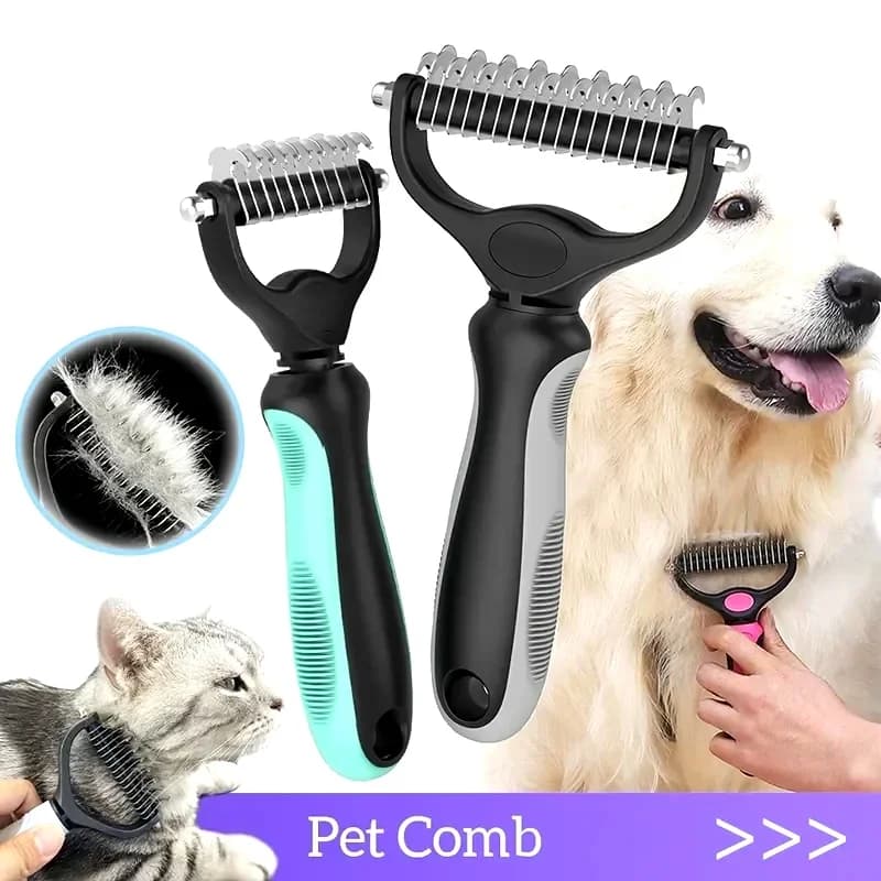 Deshedding brush for cats and dogs - Set comb and massager for pets, pink, blue