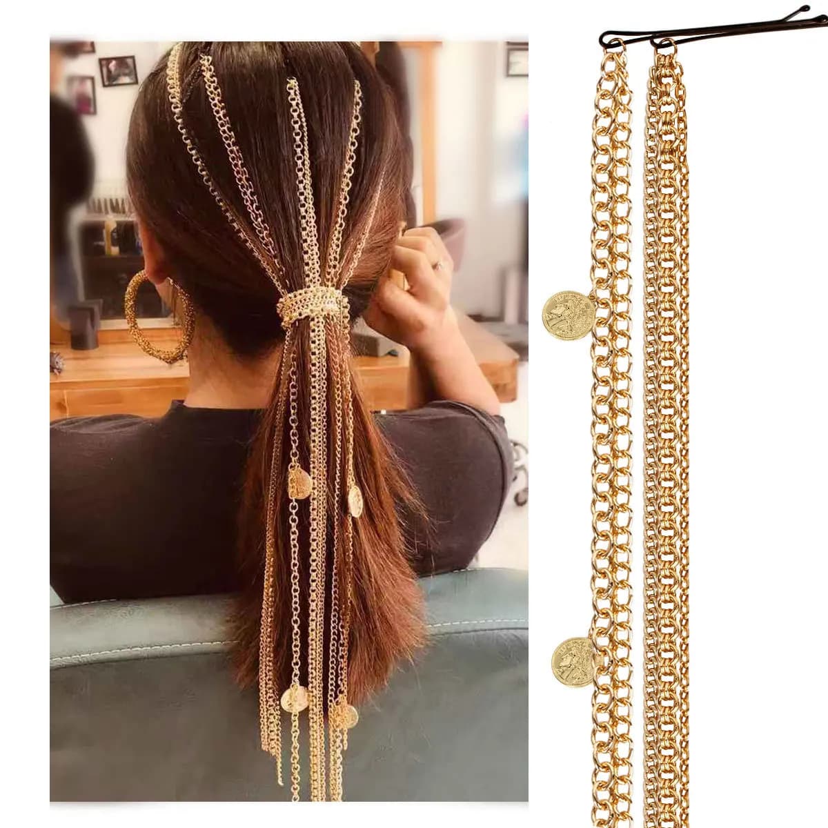 Accessori per capelli transfrontalieri europei e americani, catena per extension per parrucche, catena per testa placcata oro, fermaglio a filo singolo