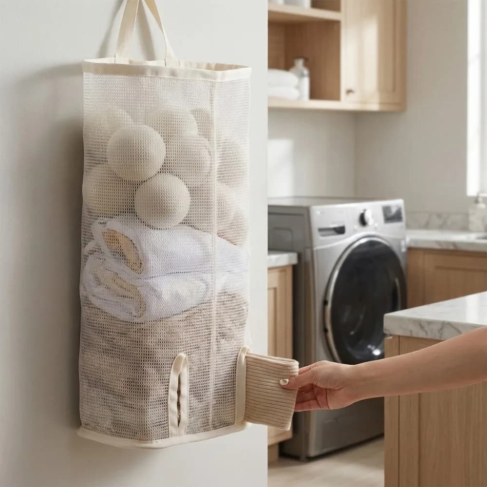 Space Saving Hanging Storage Bag Mesh Pocket Multifunctional Sock Storage Bag Wall Mounted Large Capacity Plastic Bag Dispenser